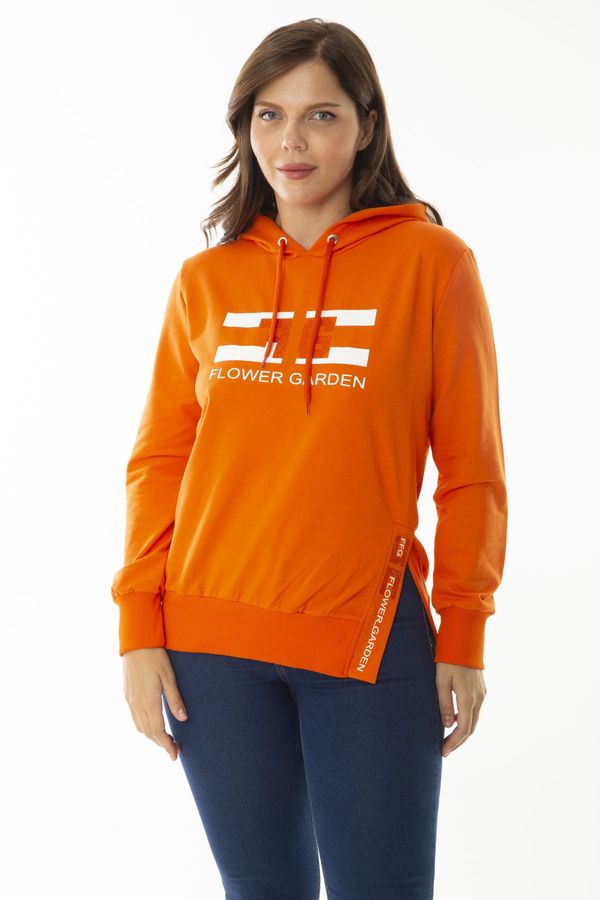 Şans Şans Women's Plus Size Orange Stones And Print Detailed Hooded Sweatshirt with Side Slits