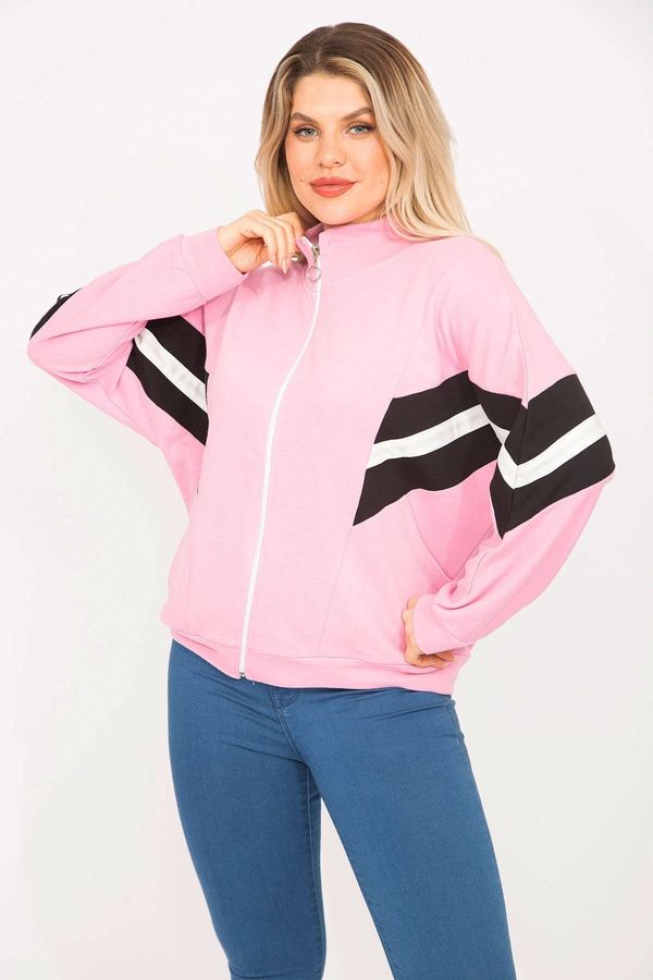 Şans Şans Women's Plus Size Pink 2 Thread Fabric Front Zipper And Stripe Detailed Sweatshirt