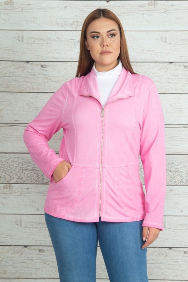 Şans Şans Women's Plus Size Pink Wash Effect Front Zipper Pocket Unlined Sports Jacket