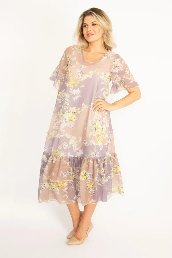 Şans Şans Women's Plus Size Powder Chiffon Dress with Slit Sleeves and Lined