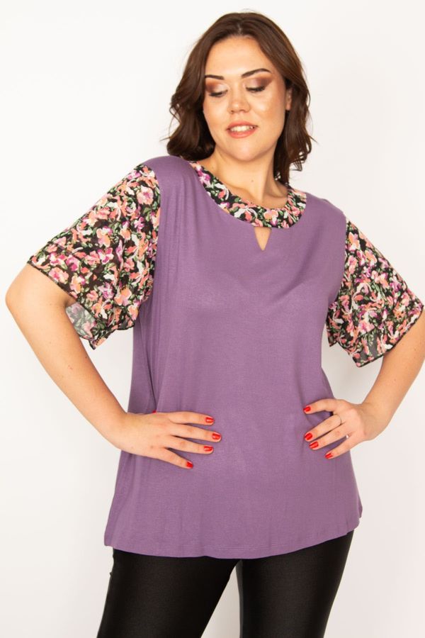 Şans Şans Women's Plus Size Purple Chiffon Detailed Blouse with Tiered Sleeves