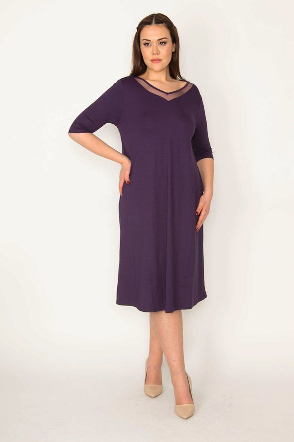 Şans Şans Women's Plus Size Purple Collar Tulle and Lace Detailed Dress
