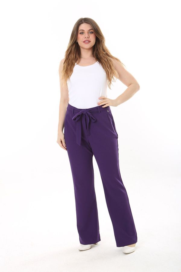 Şans Şans Women's Plus Size Purple Side Pockets Belted Lycra Classic Trousers