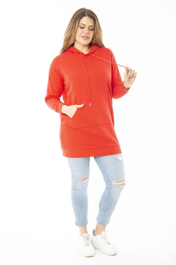 Şans Şans Women's Plus Size Red Two Threads Hooded Sweatshirt