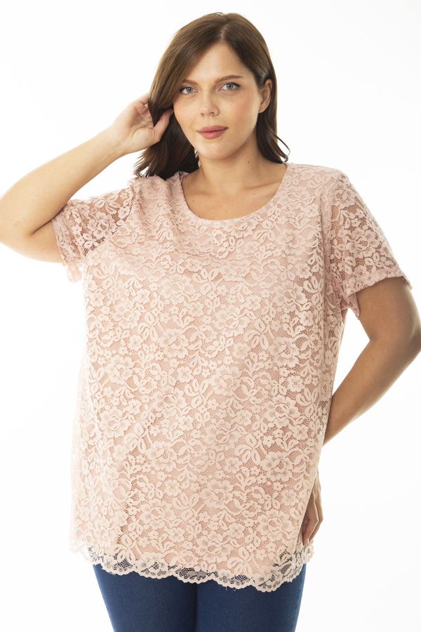 Şans Şans Women's Plus Size Salmon Viscose blouse with lace front and sleeves, Tunic
