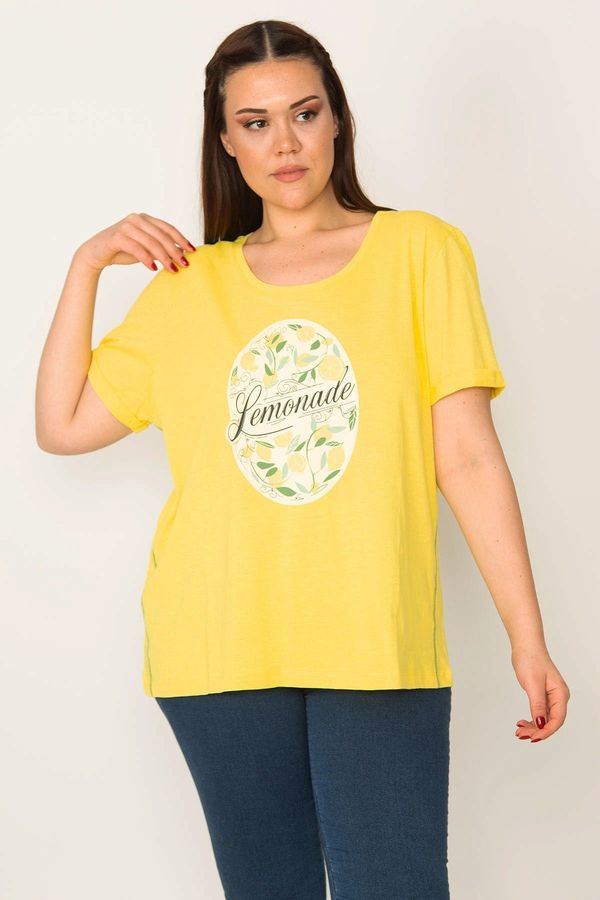 Şans Şans Women's Plus Size Yellow Cotton Fabric Crew Neck Front Printed Blouse