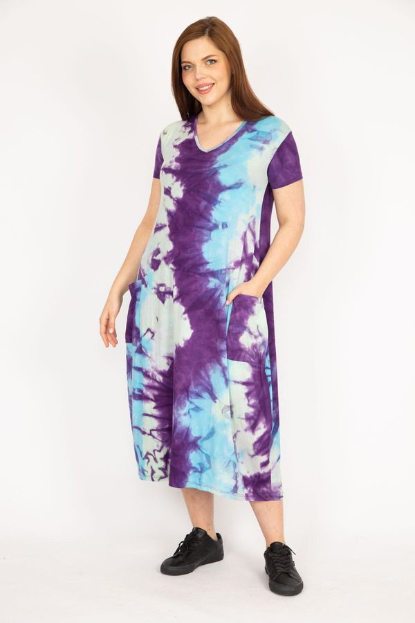 Şans Şans Women's Purple Plus Size Tie Dye Pattern V Neck Pocketed Dress
