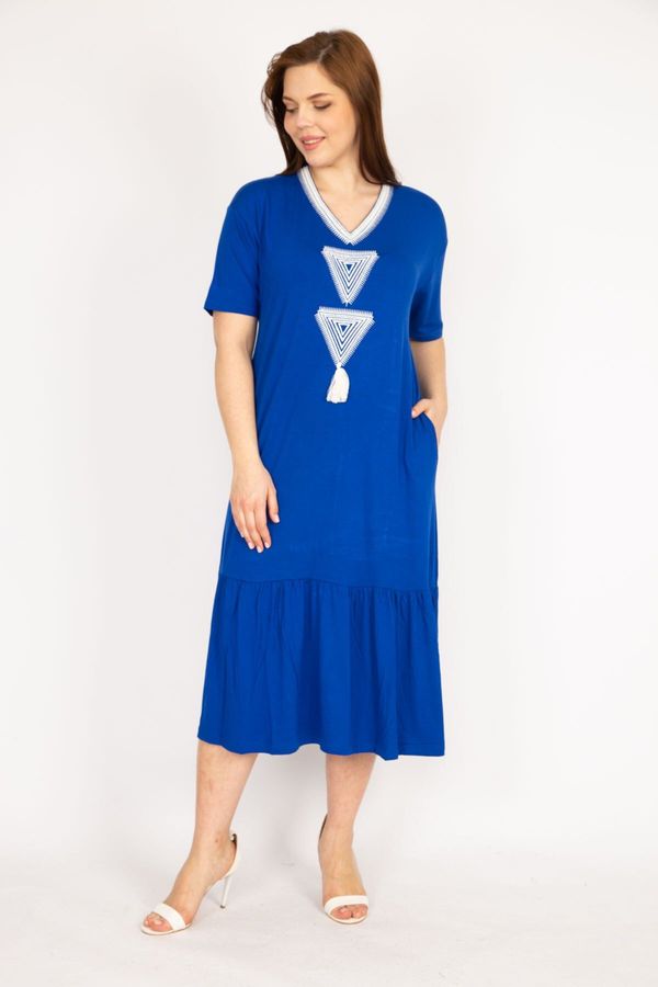 Şans Şans Women's Saxe Plus Size Embroidery Detailed V Neck Side Pocketed Dress
