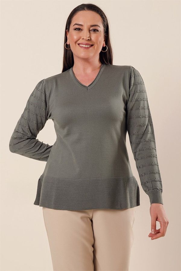 By Saygı Saygı akrilni pulover V-vratu z modelnimi modeli z rokavi plus velikost plus velikost puloverja v vodno zeleni barvi.