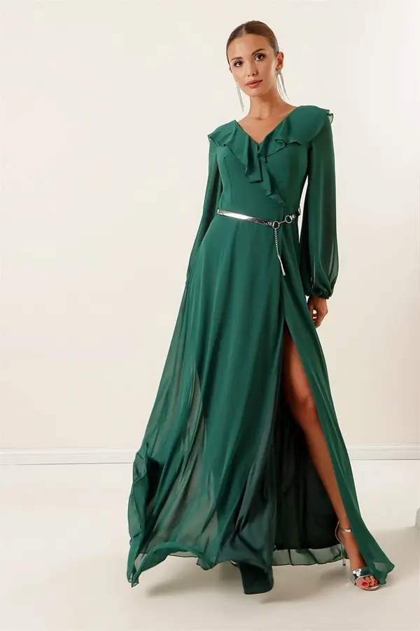 By Saygı Saygı Emerald Green Chiffon Dolga obleka z balonskimi rokavi in pasom