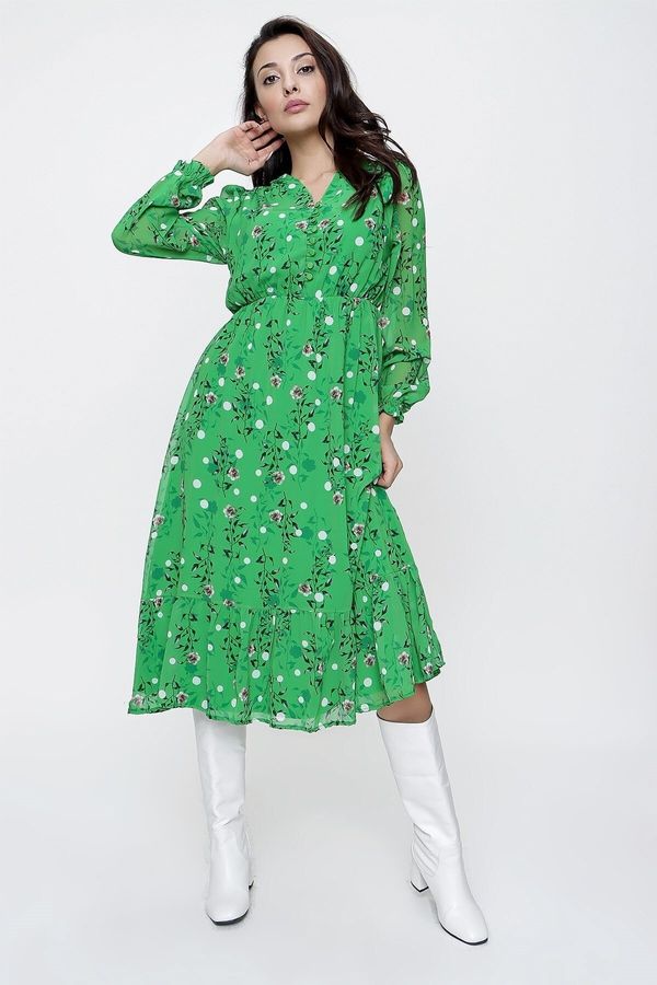 By Saygı Saygı Green Chiffon obleka s polovičnimi gumbi spredaj, elastičnim pasom in podloženo cvetlično obleko Chiffon