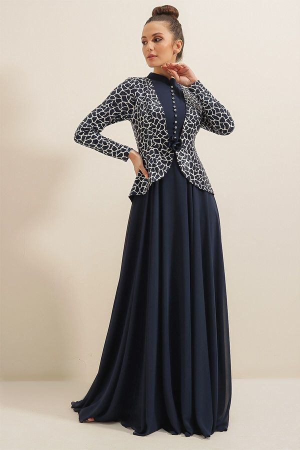 By Saygı Saygı Sequin Leopard vzorec pozlačen podložen chiffon dolga obleka mornarsko modra