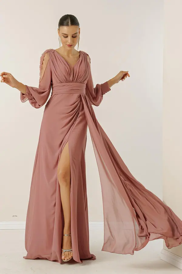 By Saygı Saygı V-vrat dolga večerna obleka Chiffon z draping in podloženimi rokavi.