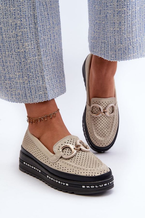 Kesi Shiny leather women's platform loafers with S.Barski Gold embellishment