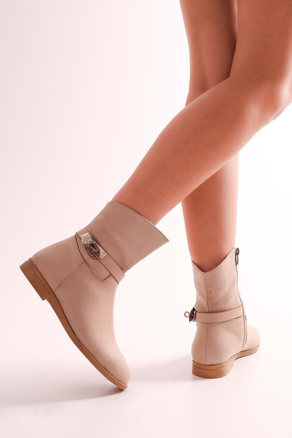 Shoeberry Shoeberry Women's Tiesel Beige Suede Heeled Boots Beige Suede