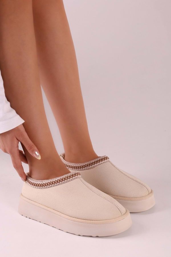 Shoeberry Shoeberry Women's Uggps Beige Pile Short Suede Plain Slippers Beige Textile.