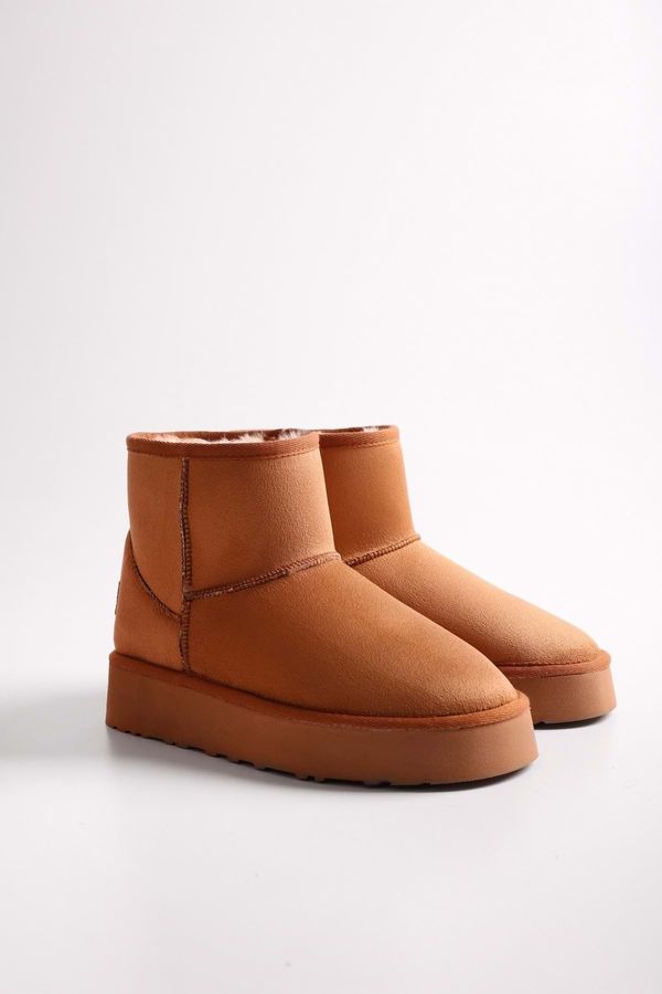 Shoeberry Shoeberry Women's Uggy Tabagus Short Suede Boots with Pile Inside Taba Tekstil.