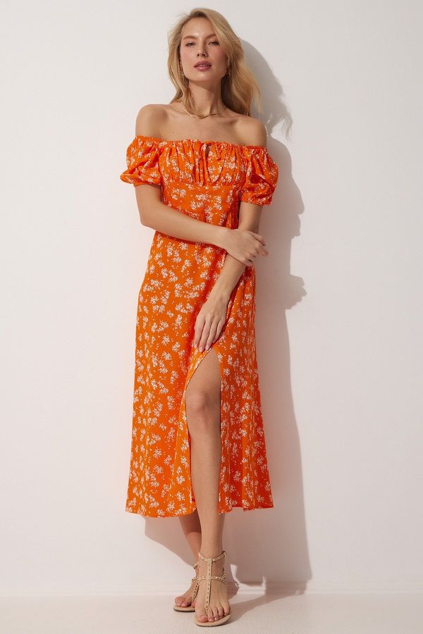 Happiness İstanbul Sreča Istanbul Ženska oranžna ovratnica Carmen Cvetlična poletna viskozna obleka