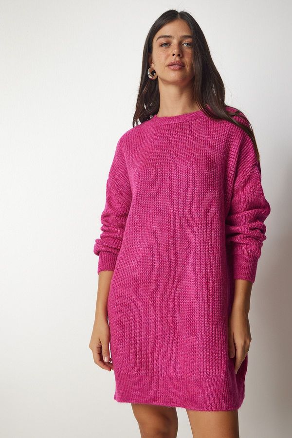 Happiness İstanbul Sreča İstanbul Ženska roza prevelika dolga osnovna pletenina pulover