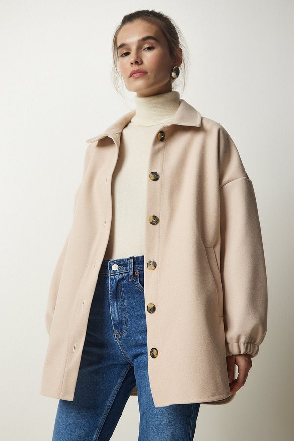 Happiness İstanbul Sreča İstanbul ženski bež žep z gumbi prevelika srajčna jakna