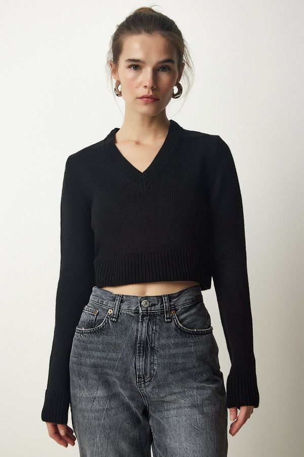 Happiness İstanbul Sreča İstanbul Ženski črni pulover za pletenine za pridelke V-vratu