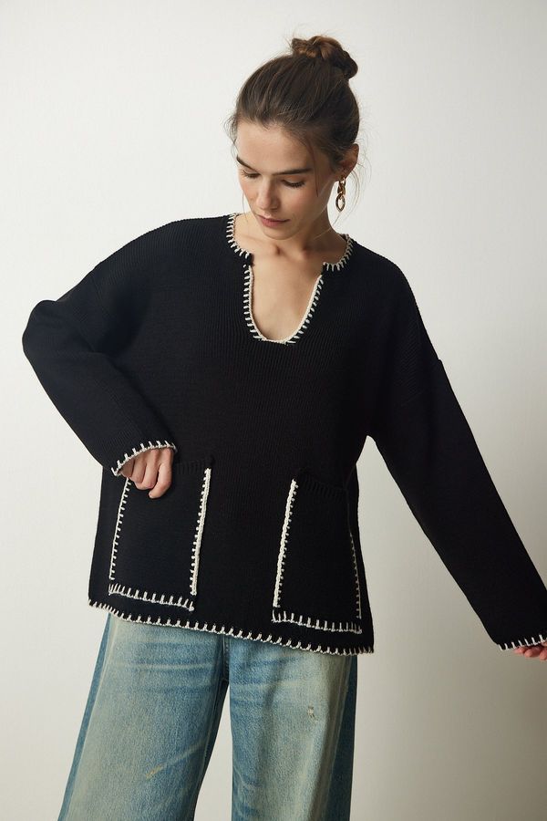 Happiness İstanbul Sreča İstanbul Ženski črni šiv Podroben žepni pletenina pulover