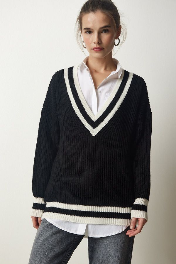 Happiness İstanbul Sreča İstanbul ženski črni trak V-vratu Podroben pulover za pletenine prevelike velikosti