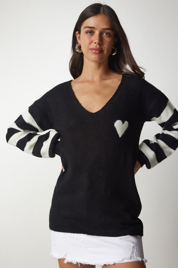 Happiness İstanbul Sreča İstanbul Ženski črno-beli barvni blok Pletenina z V-vratom pulover