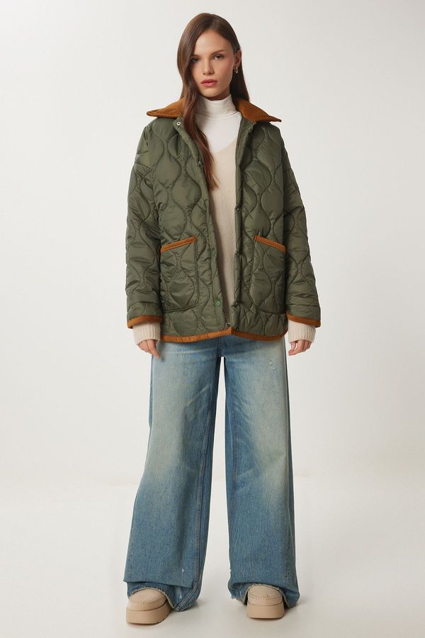 Happiness İstanbul Sreča Istanbul Ženski kaki Polo ovratnik Prešiti plašč z žepom