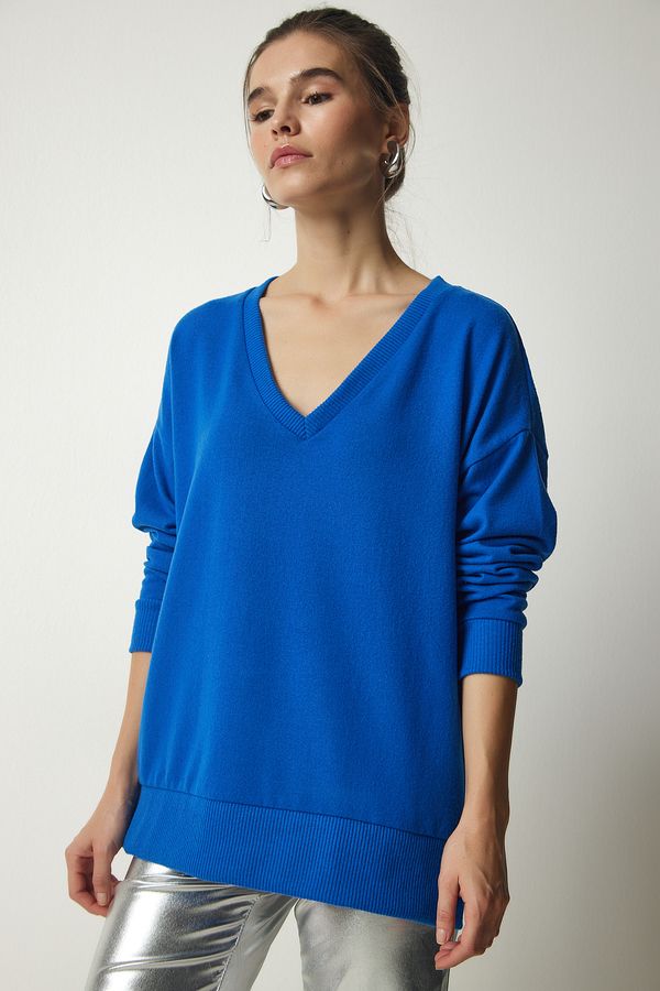 Happiness İstanbul Sreča İstanbul ženski kobalt modri V-vrat mehki pleteni pulover
