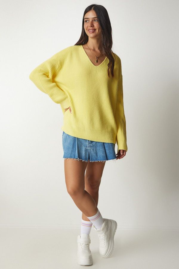 Happiness İstanbul Sreča İstanbul Ženski rumeni pulover za pletenine V-vrat prevelike velikosti