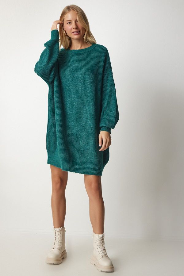 Happiness İstanbul Sreča İstanbul ženski smaragdno zeleni prevelik dolg osnovni pulover za pletenine