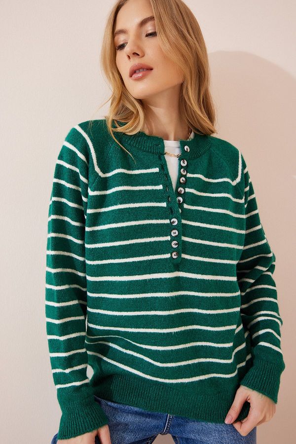 Happiness İstanbul Sreča İstanbul Ženski temno zeleni Ecru pulover za pletenine z gumbi