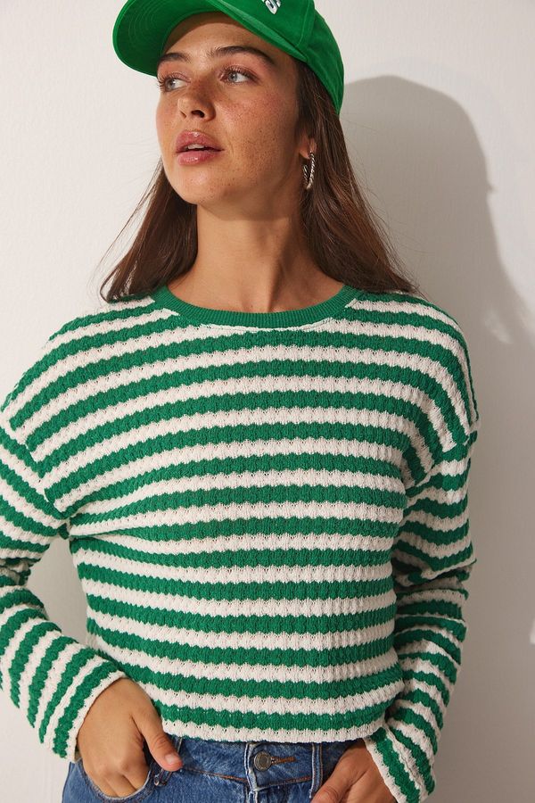 Happiness İstanbul Sreča İstanbul Ženski zeleni črtasti pulover za pletenine iz kvačkanja