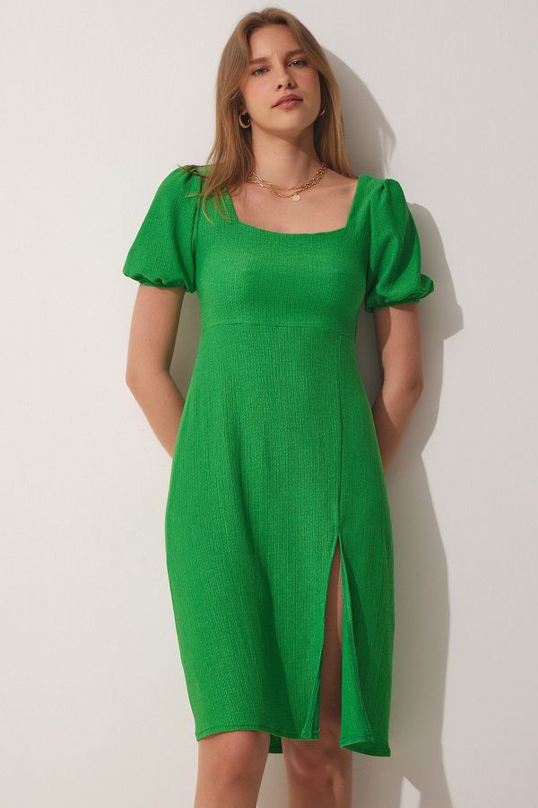 Happiness İstanbul Sreča Istanbul Ženski zeleni kvadratni ovratnik Poletna pletena obleka