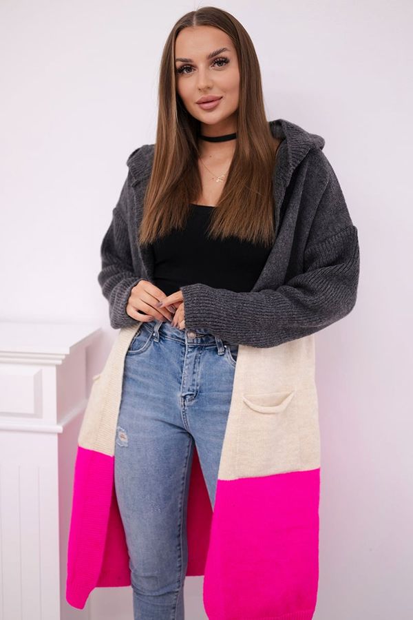 Kesi Striped hooded sweater graphite + beige + pink neon