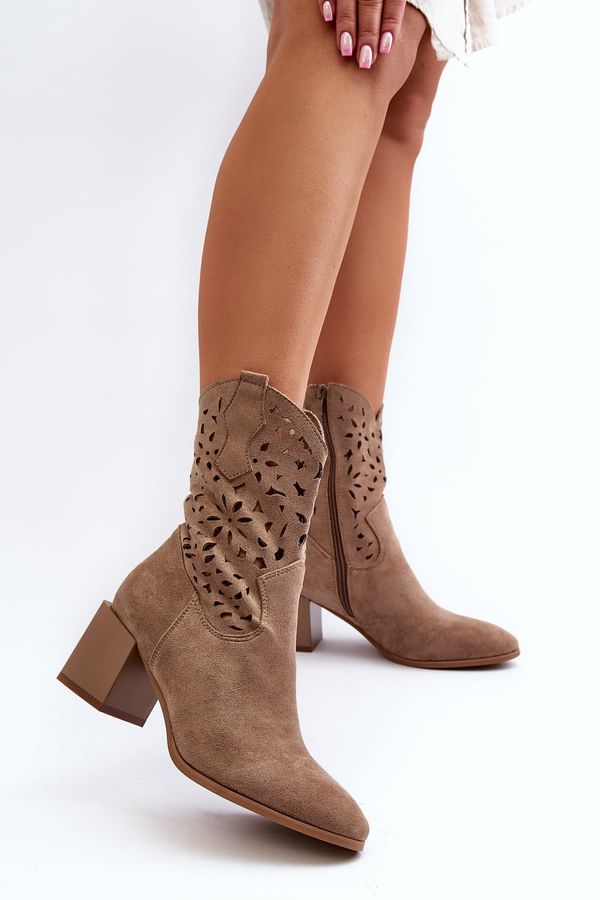 Kesi Suede ankle boots with an openwork upper on the block, dark beige Irvelame