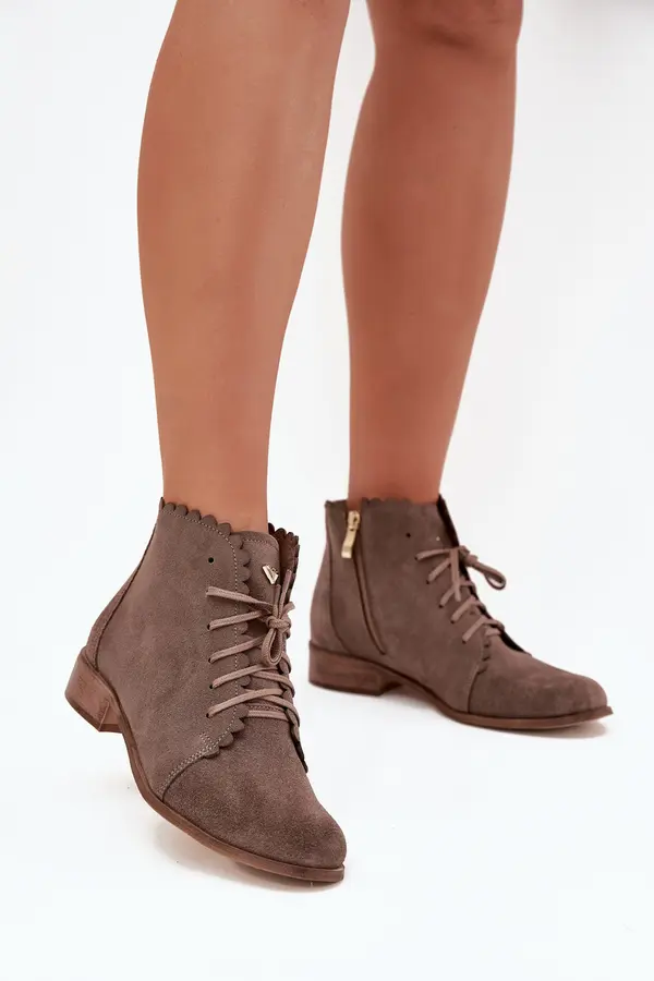 Zazoo Suede Ankle Boots With Flat Heel Dark Beige Zazoo