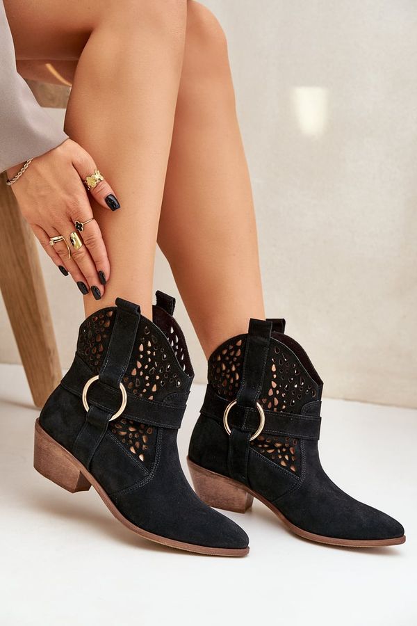 Zazoo Suede Cowboy Ankle Boots Perforated With Heel Black Zazoo 2994