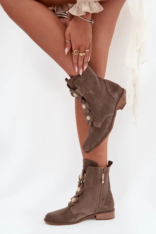 Zazoo Suede Women's Ankle Boots with Decorative Flowers Zazoo 3085 Dark Beige