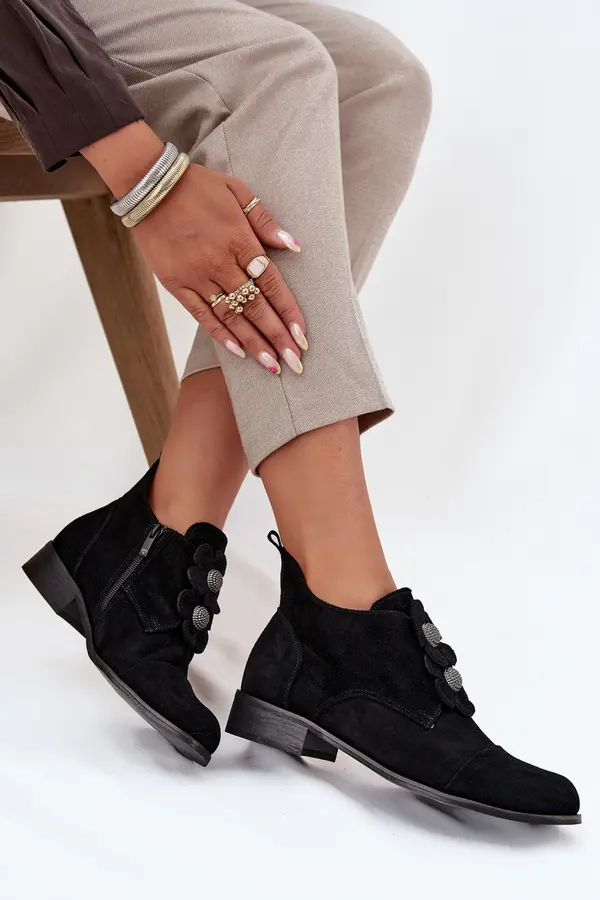 Zazoo Suede Women's Loafers with Decorative Flowers Zazoo 3080 Black