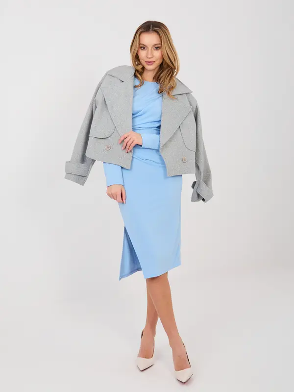 RUE PARIS Svetlo modra midi obleka z dolgimi rokavi