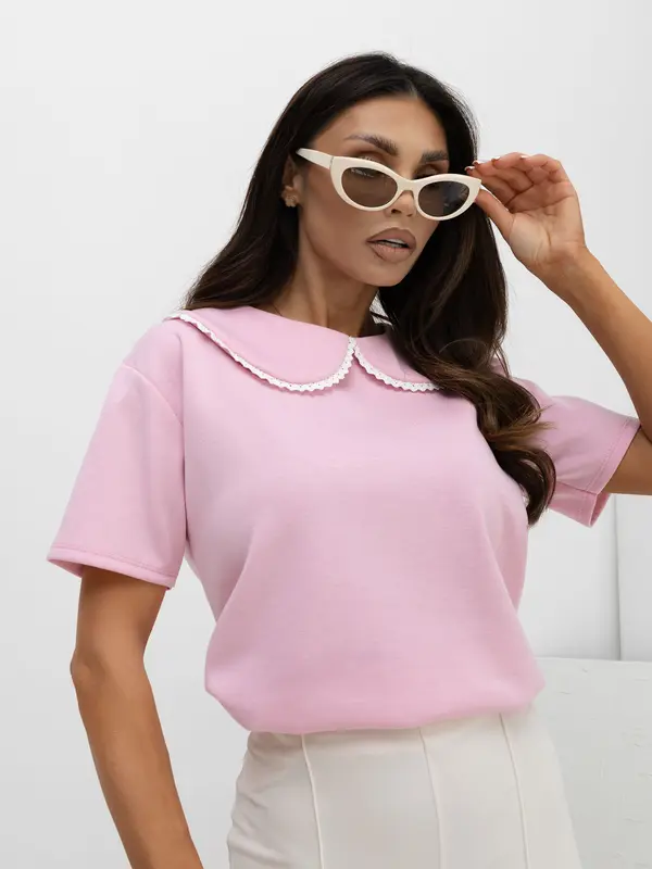Italy Moda Svetlo roza ženska bluza z okrasnim ovratnikom