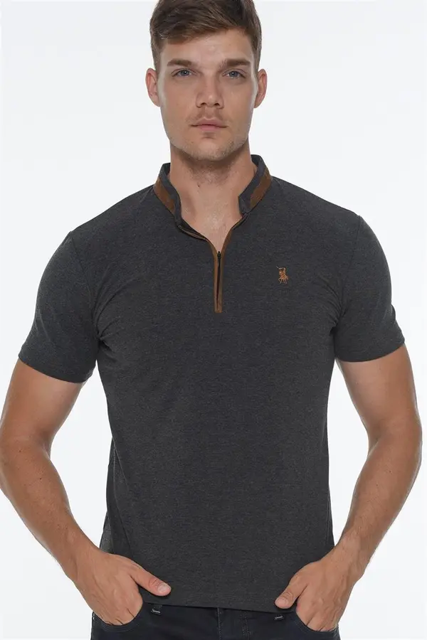 dewberry T8571 DEWBERRY ZIPPER MEN'S T-SHIRT-DARK ANTHRACITE