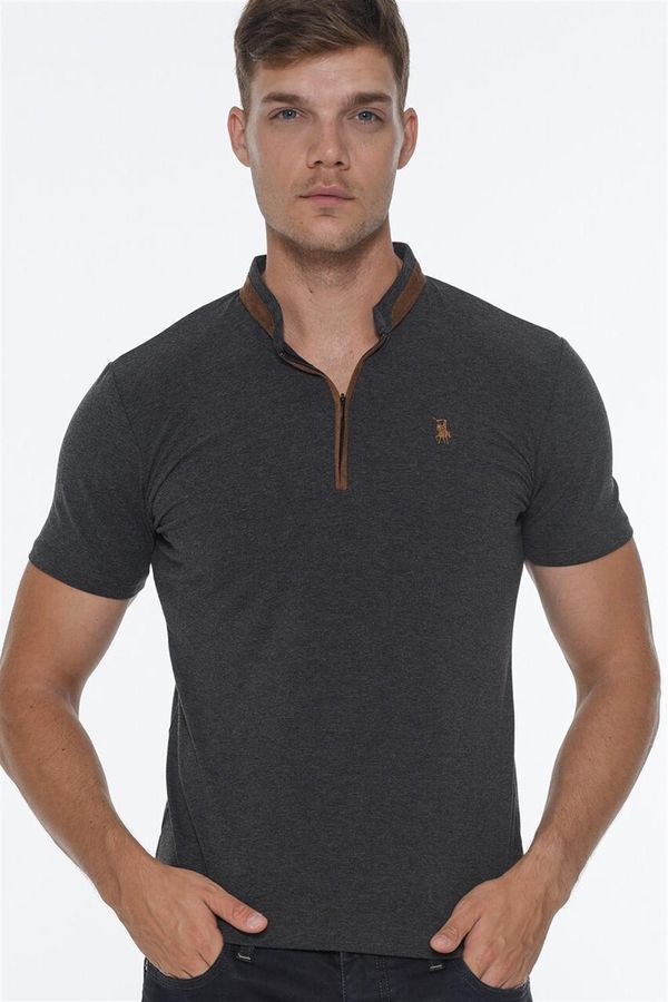 dewberry T8571 DEWBERRY ZIPPER MEN'S T-SHIRT-DARK ANTHRACITE