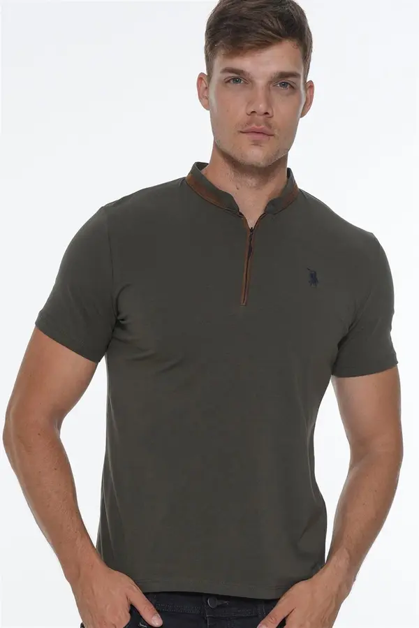 dewberry T8571 DEWBERRY ZIPPER MEN'S T-SHIRT-OPEN KHAKI