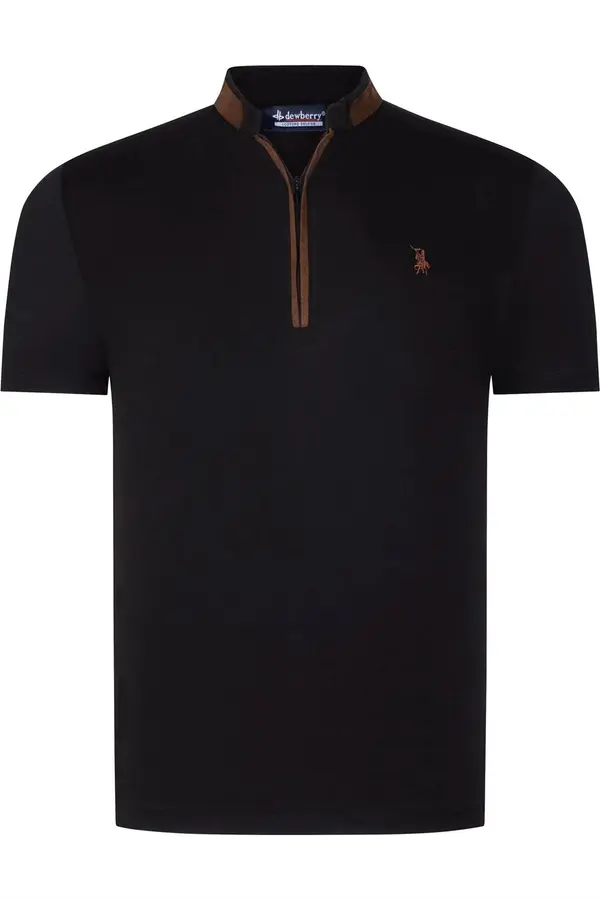 dewberry T8571 DEWBERRY ZIPPERED MEN'S T-SHIRT-PLAIN BLACK