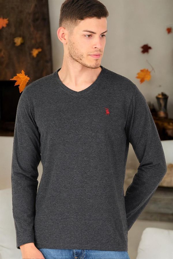 dewberry T8587 DEWBERRY V-NECK MEN'S LONG SLEEVE T-SHIRT-ANTHRACITE-2