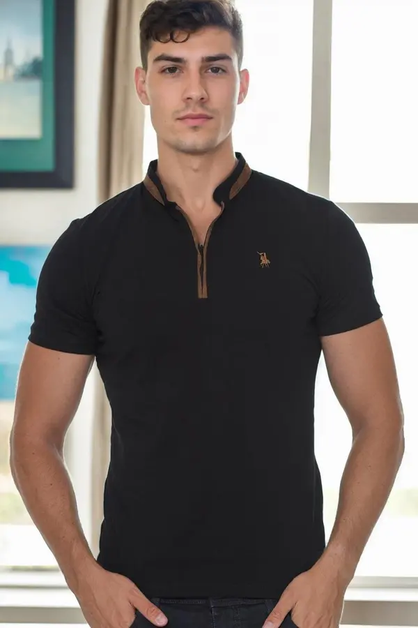 dewberry T9571 DEWBERRY MEN'S ZIPPERED T-SHIRT-BLACK