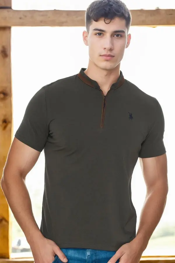 dewberry T9571 DEWBERRY MEN'S ZIPPERED T-SHIRT-KHAKI